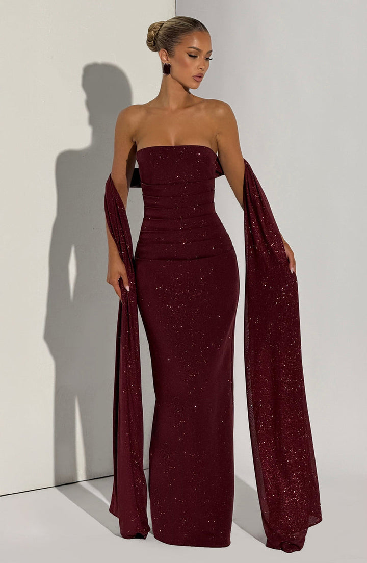 Maxi strapless sequin dress decorated with matching scarf - Miamor