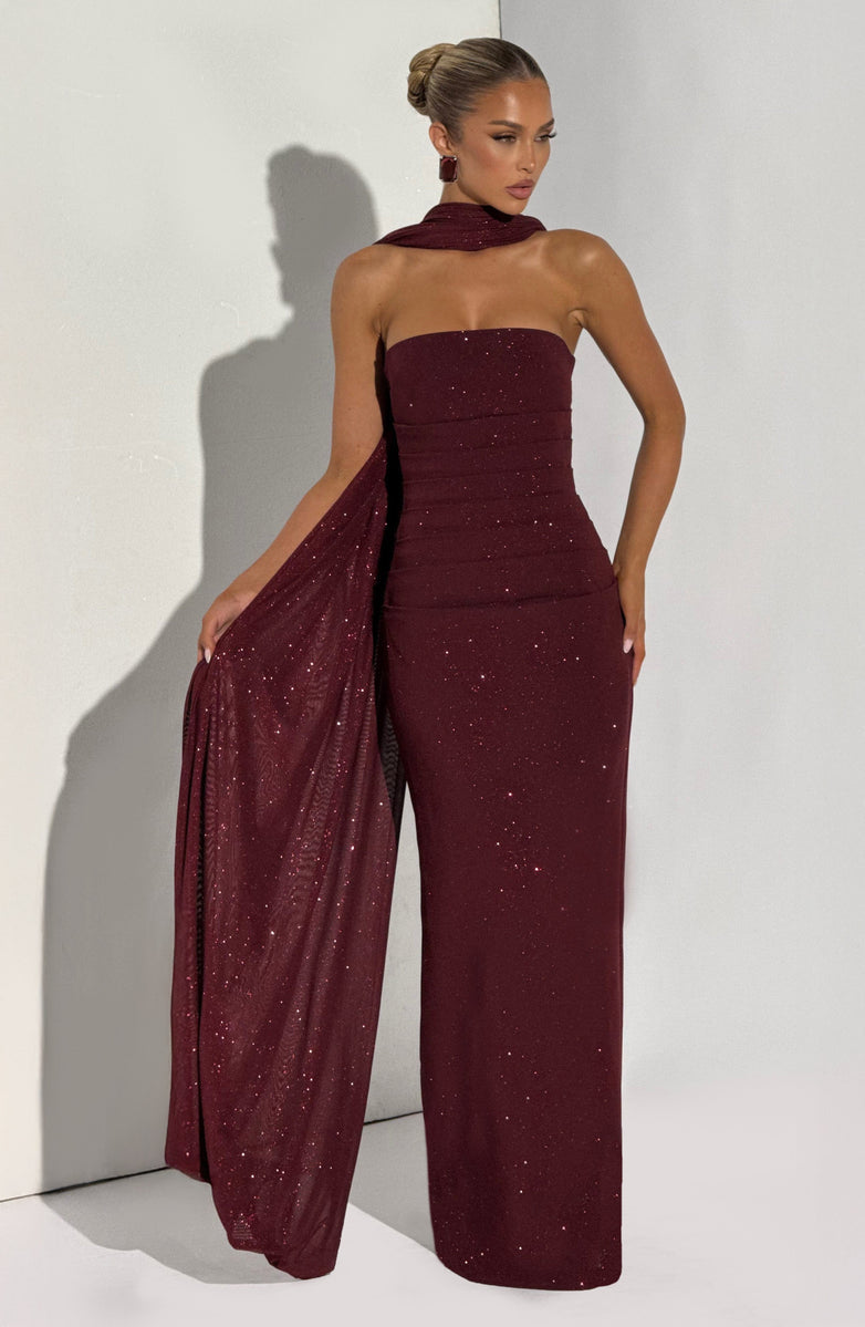 Maxi strapless sequin dress decorated with matching scarf - Miamor