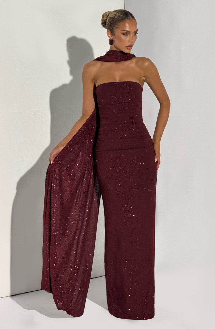 Maxi strapless sequin dress decorated with matching scarf - Miamor