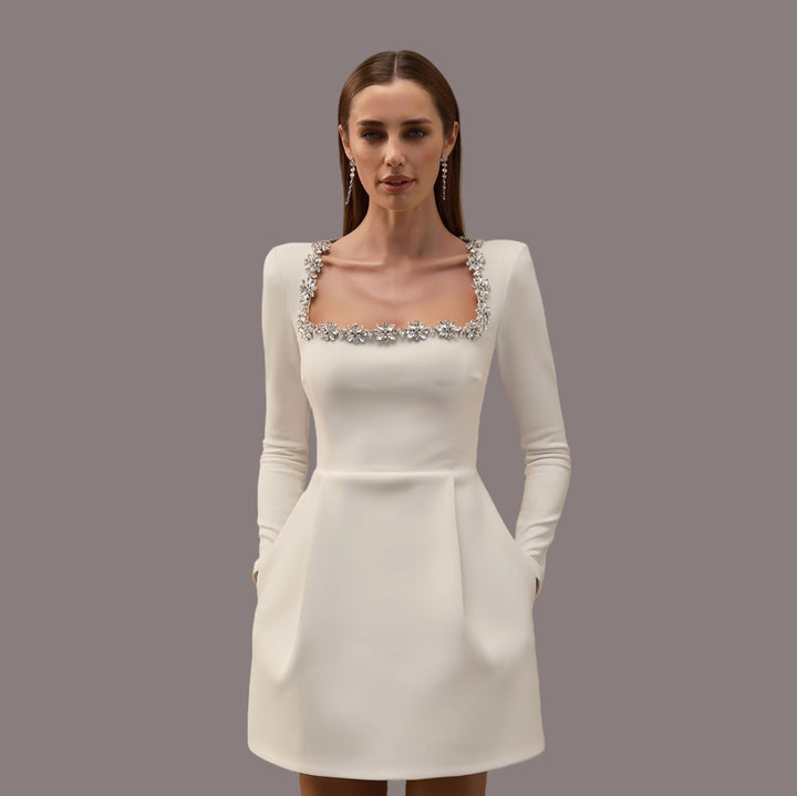 Elegant fitted mini dress decorated with diamonds - Ayla