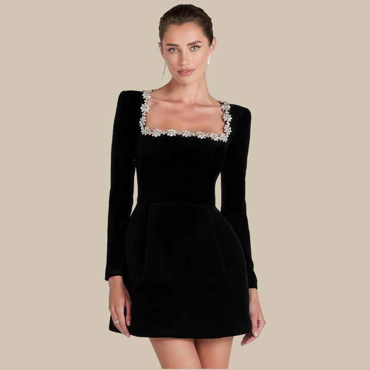 Elegant fitted mini dress decorated with diamonds - Ayla