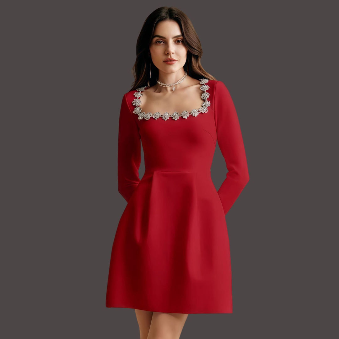 Elegant fitted mini dress decorated with diamonds - Ayla