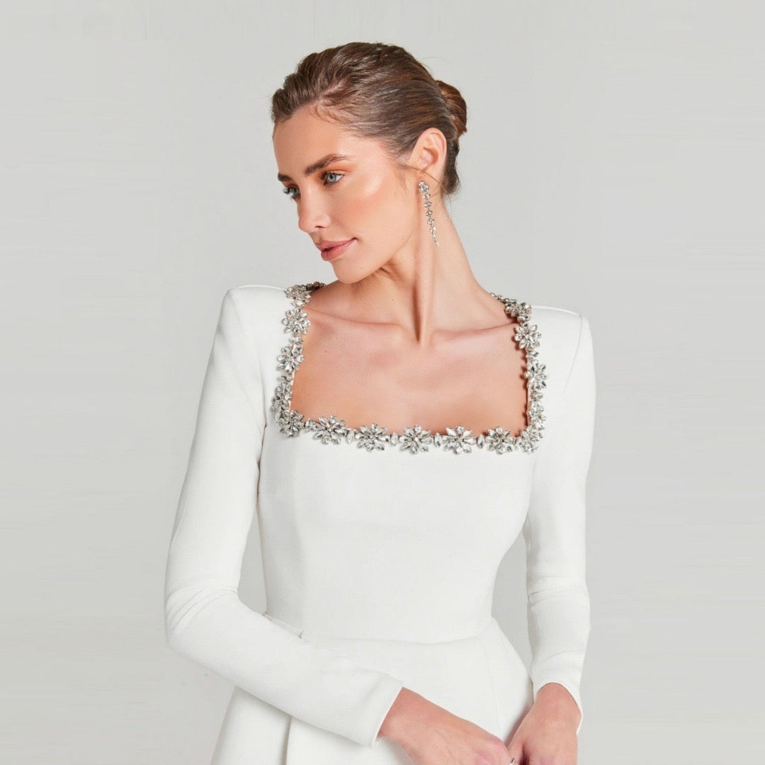 Elegant fitted mini dress decorated with diamonds - Ayla