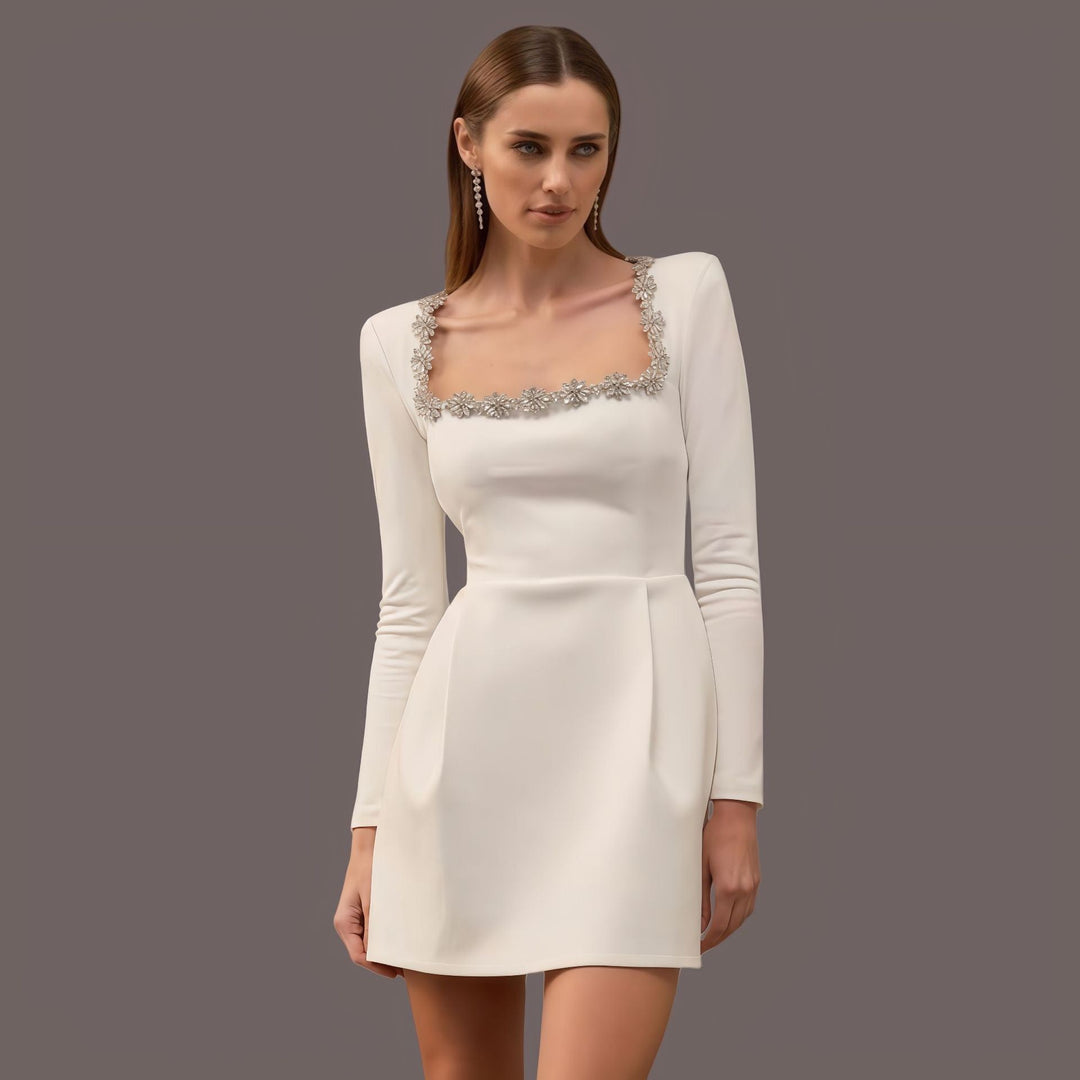 Elegant fitted mini dress decorated with diamonds - Ayla