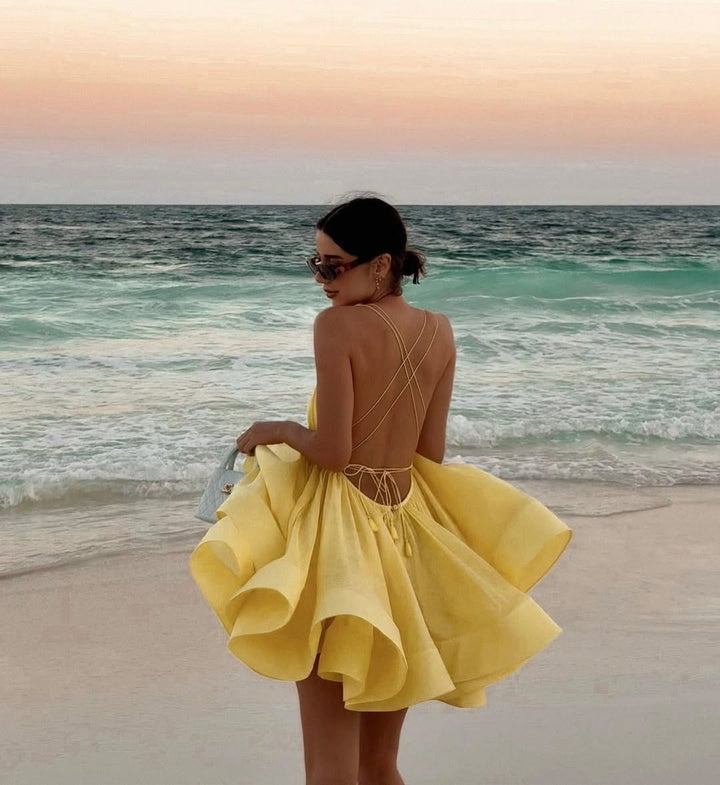 Ruffled Chiffon Mini Dress with Back Ties - Tulum