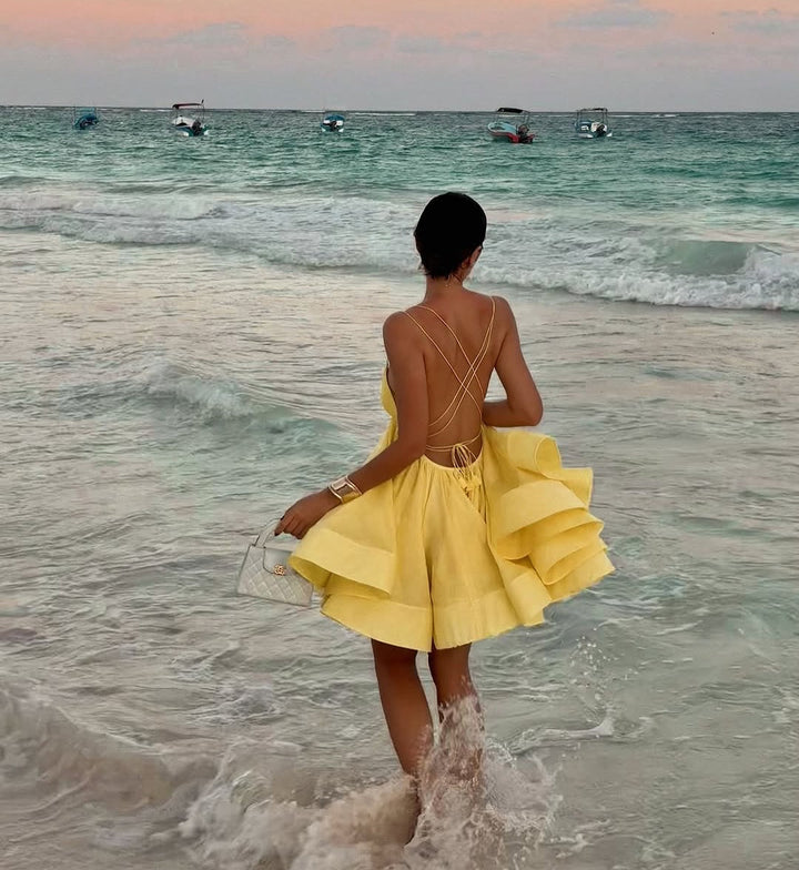 Ruffled Chiffon Mini Dress with Back Ties - Tulum
