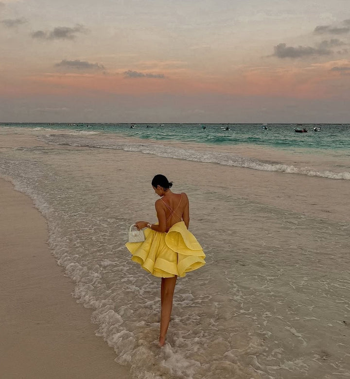 Ruffled Chiffon Mini Dress with Back Ties - Tulum