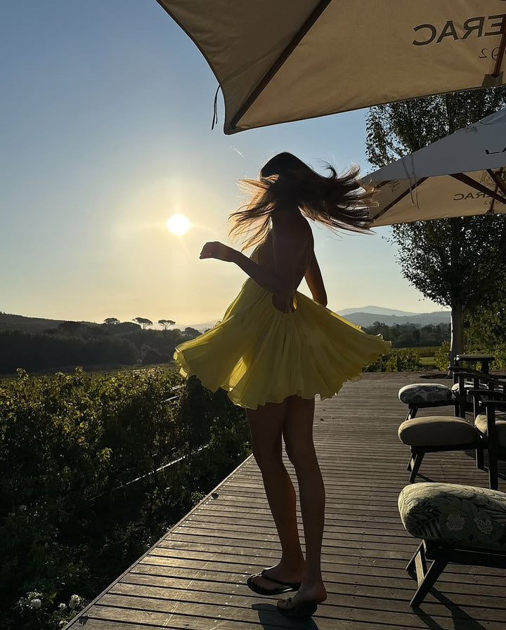 Ruffled Chiffon Mini Dress with Back Ties - Tulum