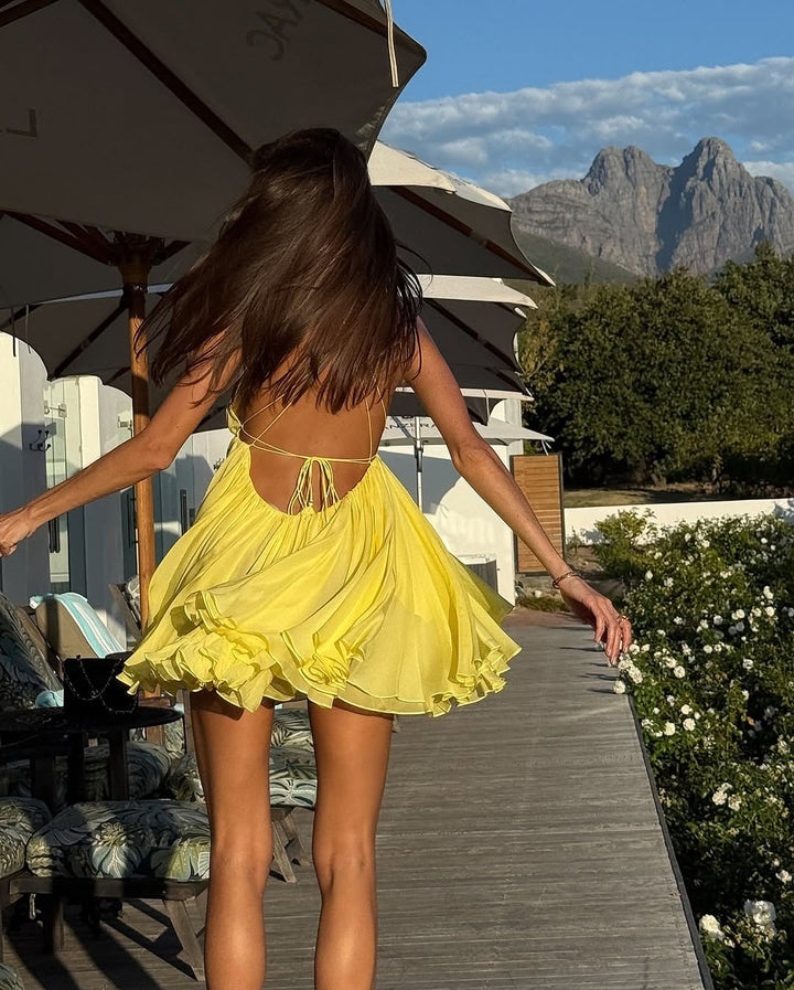 Ruffled Chiffon Mini Dress with Back Ties - Tulum