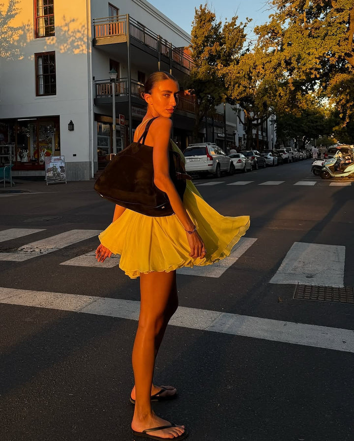 Ruffled Chiffon Mini Dress with Back Ties - Tulum