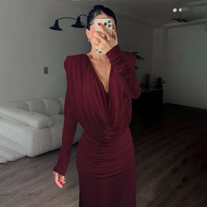 שמלת מקסי כיווצים בעיצוב קיפולים גב פתוח - ANAEL