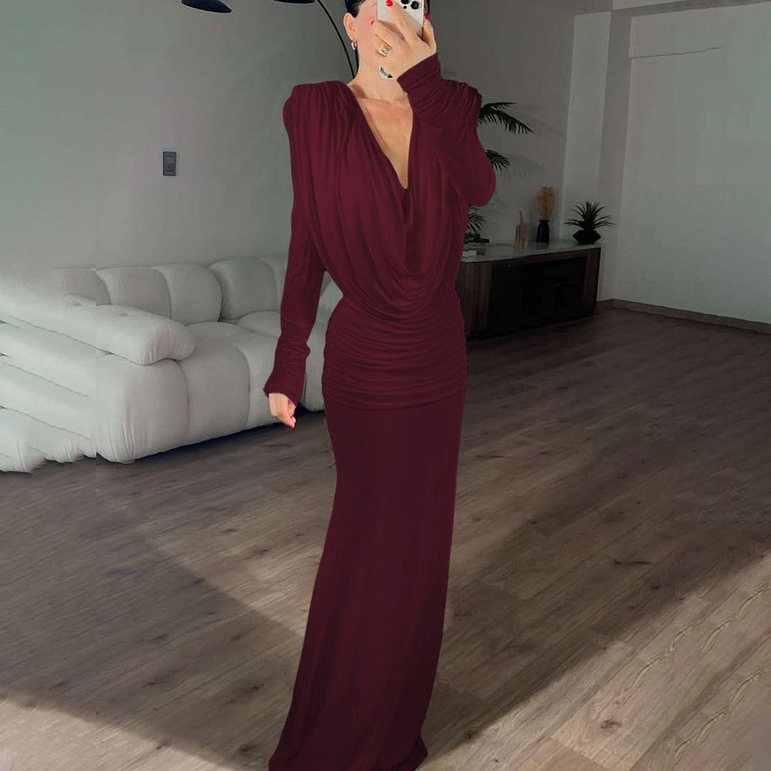 שמלת מקסי כיווצים בעיצוב קיפולים גב פתוח - ANAEL