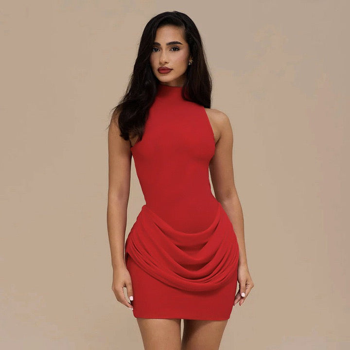 Mini dress with turtleneck collar and pleats - PENNY