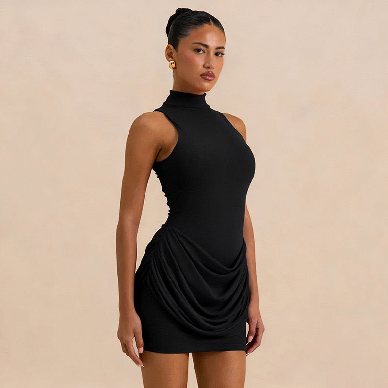 Mini dress with turtleneck collar and pleats - PENNY