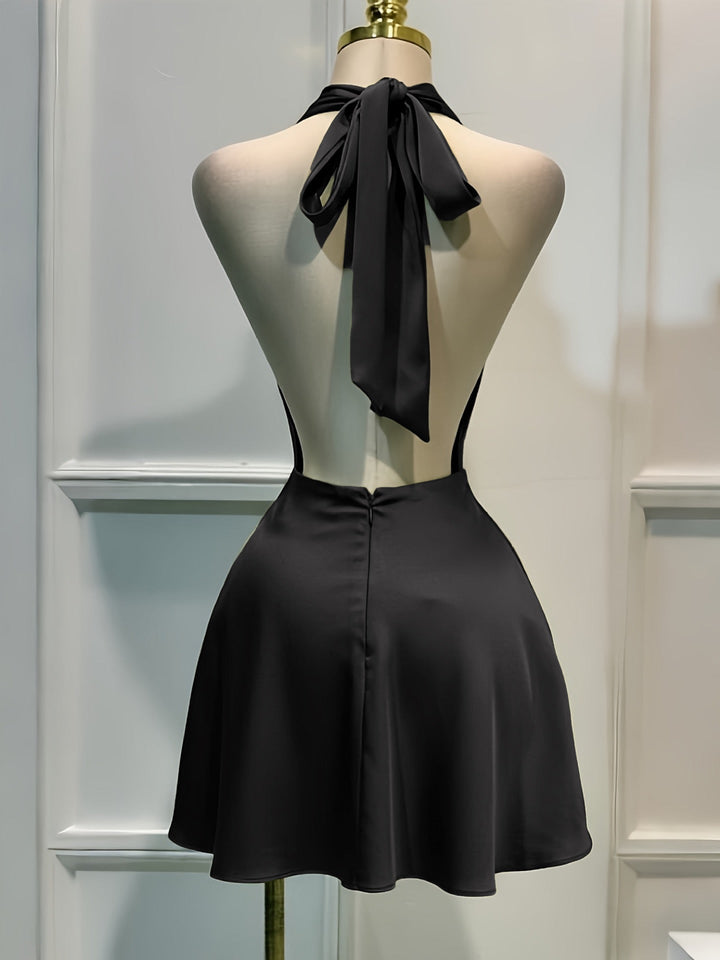 Gigi satin mini dress with a neck tie and open back
