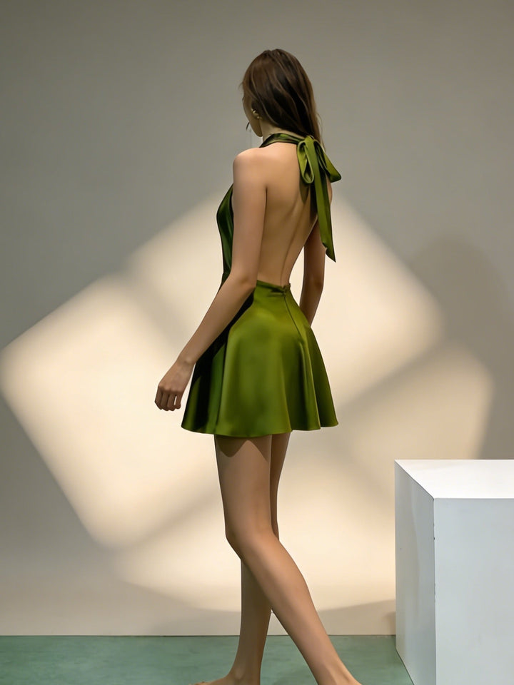 Gigi satin mini dress with a neck tie and open back