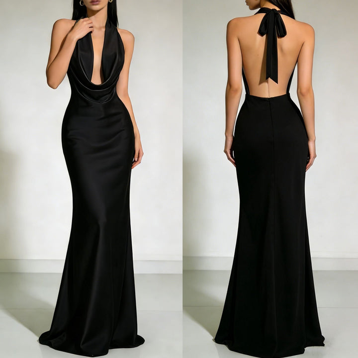 Gail satin maxi dress with a neck tie and open back