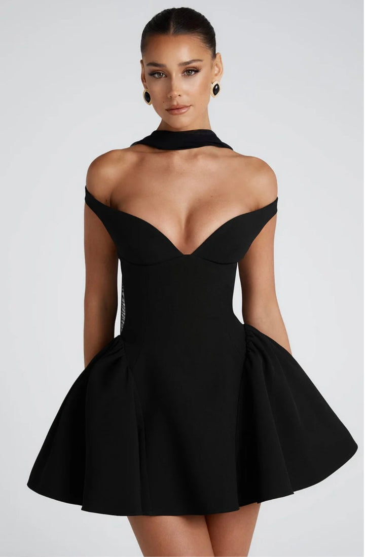 Mini A-line dress with open back and matching scarf decoration - Tamara