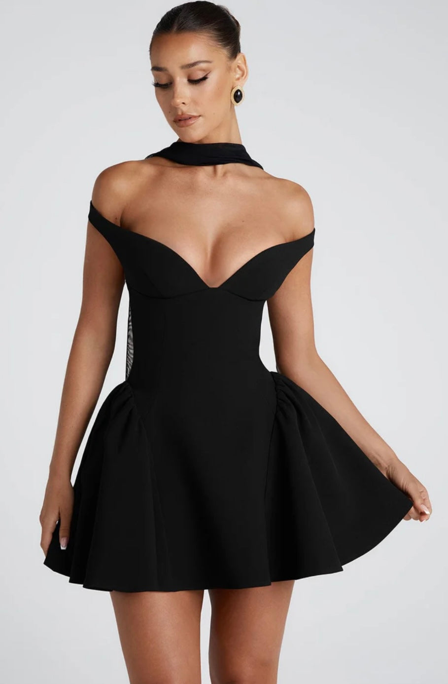 Mini A-line dress with open back and matching scarf decoration - Tamara