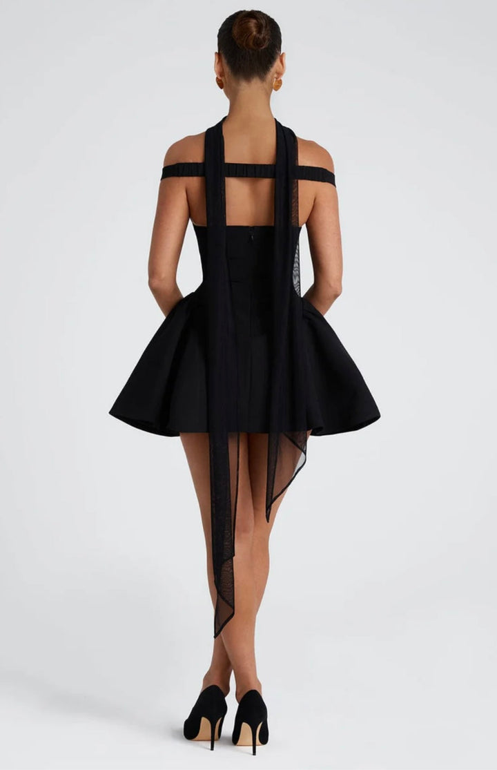 Mini A-line dress with open back and matching scarf decoration - Tamara