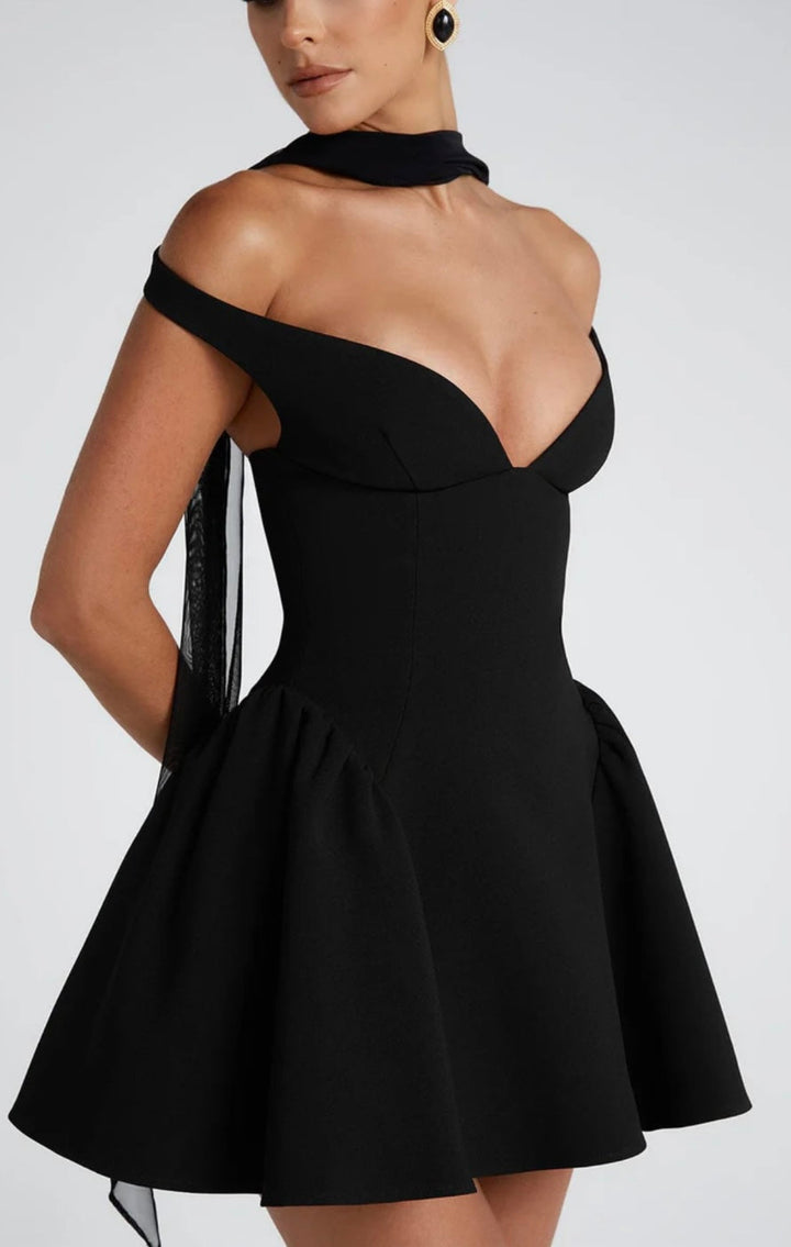 Mini A-line dress with open back and matching scarf decoration - Tamara