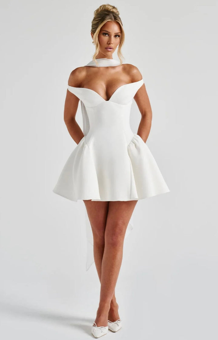 Mini A-line dress with open back and matching scarf decoration - Tamara