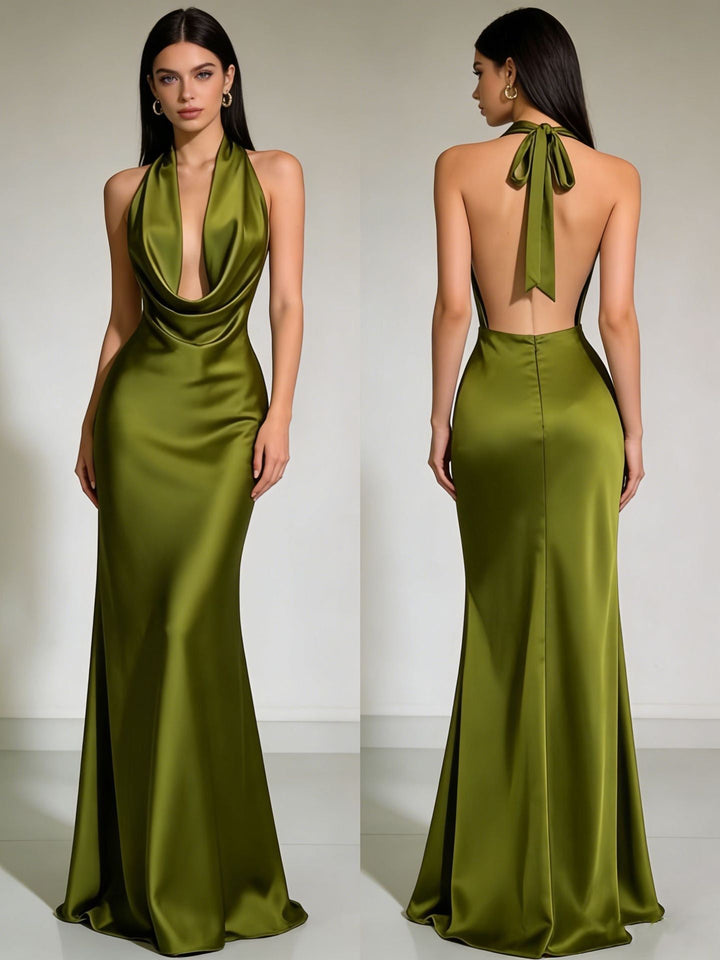Gail satin maxi dress with a neck tie and open back