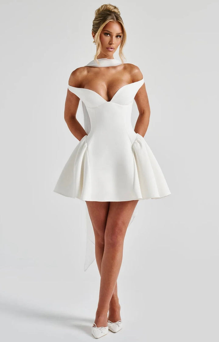 Mini A-line dress with open back and matching scarf decoration - Tamara