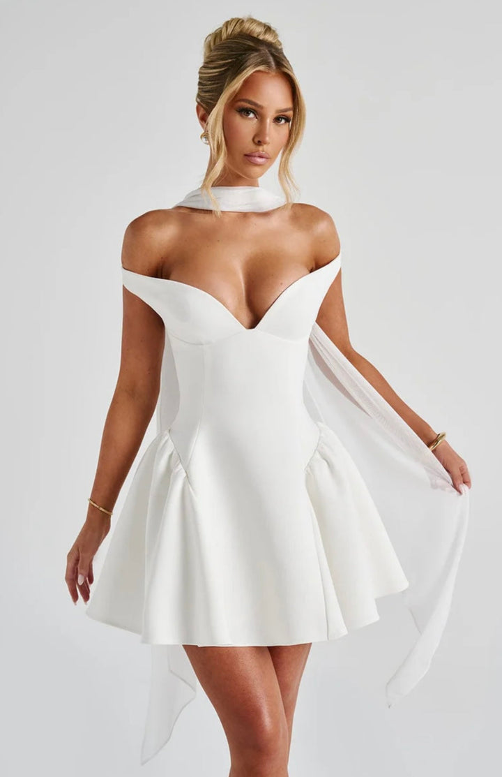 Mini A-line dress with open back and matching scarf decoration - Tamara