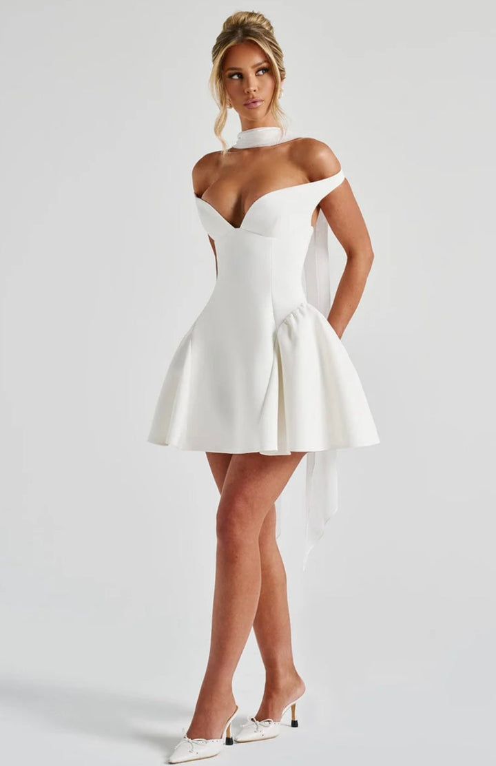 Mini A-line dress with open back and matching scarf decoration - Tamara