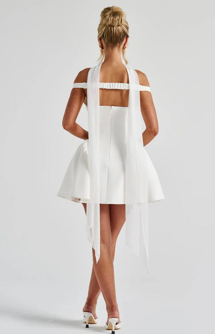 Mini A-line dress with open back and matching scarf decoration - Tamara