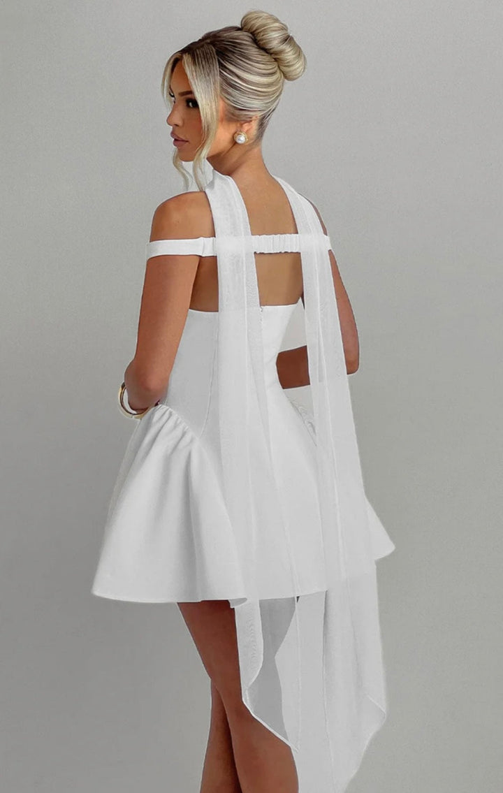 Mini A-line dress with open back and matching scarf decoration - Tamara