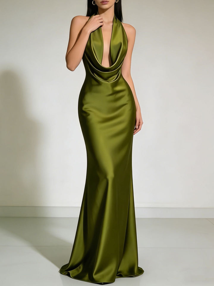 Gail satin maxi dress with a neck tie and open back