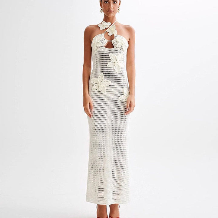 Natalia knitted beach maxi dress with a floral design and open back