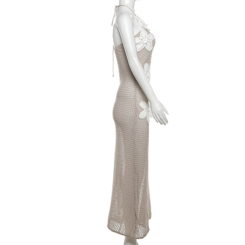 Natalia knitted beach maxi dress with a floral design and open back