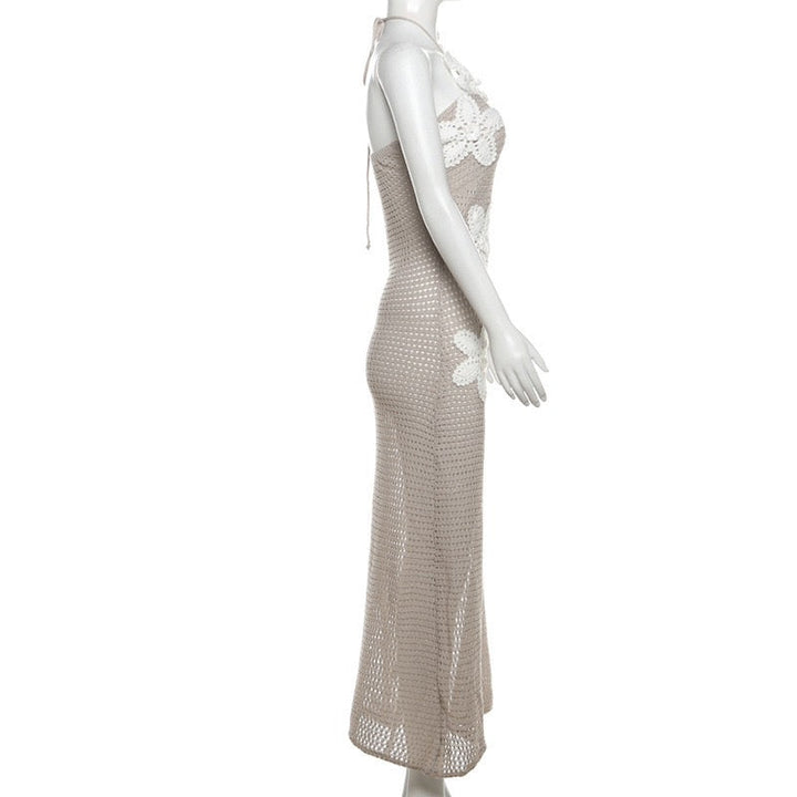 Natalia knitted beach maxi dress with a floral design and open back
