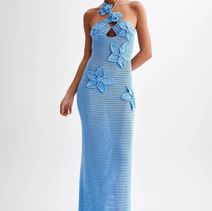 Natalia knitted beach maxi dress with a floral design and open back