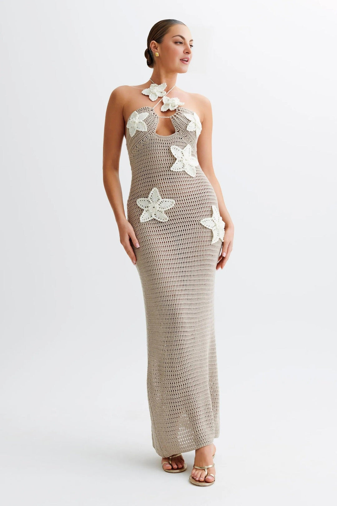 Natalia knitted beach maxi dress with a floral design and open back