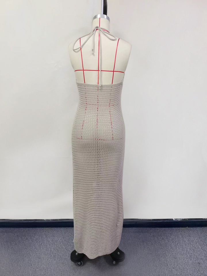 Natalia knitted beach maxi dress with a floral design and open back