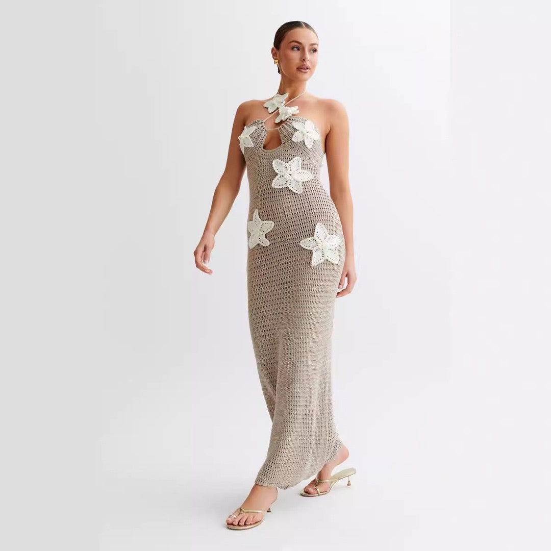 Natalia knitted beach maxi dress with a floral design and open back