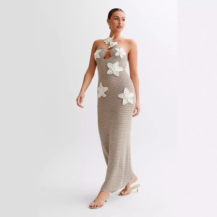 Natalia knitted beach maxi dress with a floral design and open back