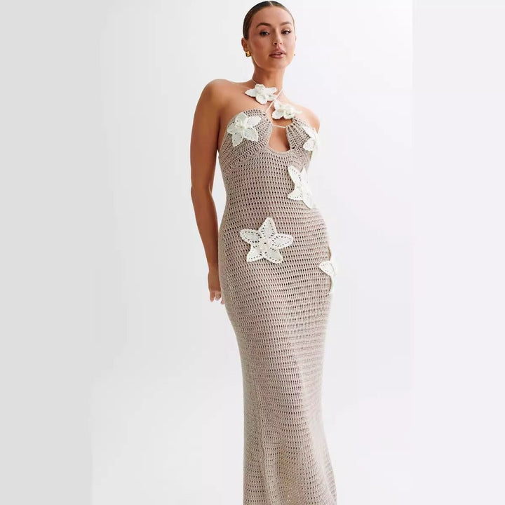 Natalia knitted beach maxi dress with a floral design and open back