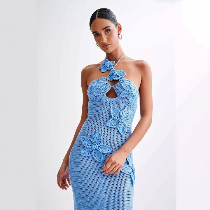 Natalia knitted beach maxi dress with a floral design and open back