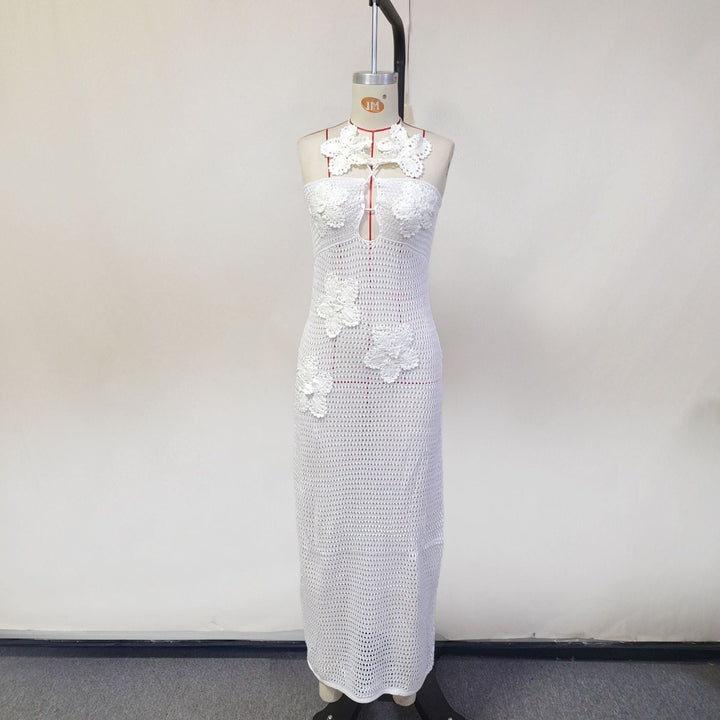 Natalia knitted beach maxi dress with a floral design and open back