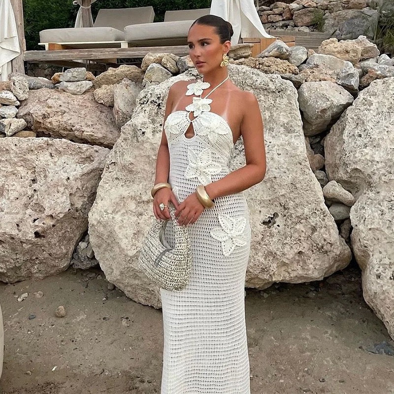 Natalia knitted beach maxi dress with a floral design and open back