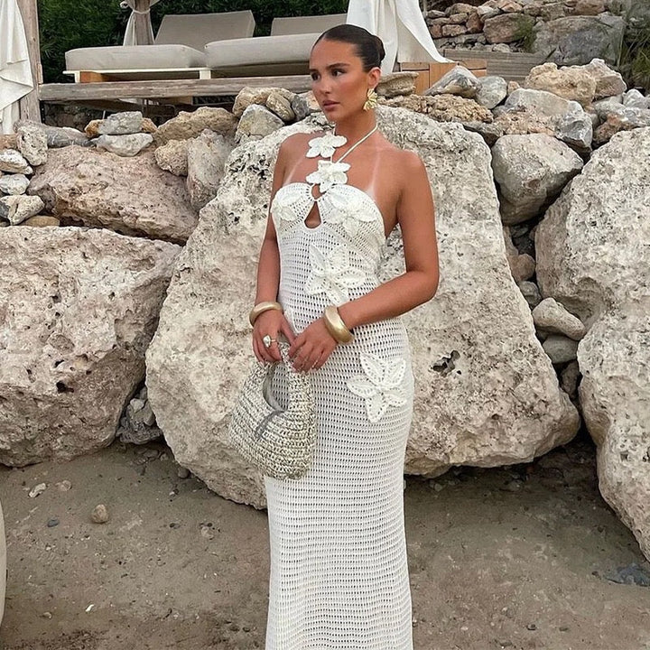 Natalia knitted beach maxi dress with a floral design and open back