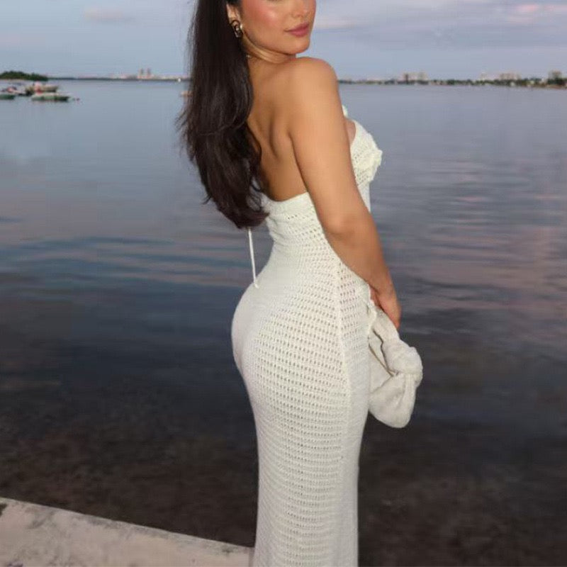 Natalia knitted beach maxi dress with a floral design and open back