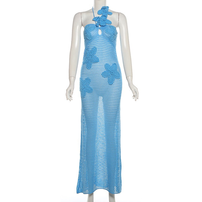 Natalia knitted beach maxi dress with a floral design and open back