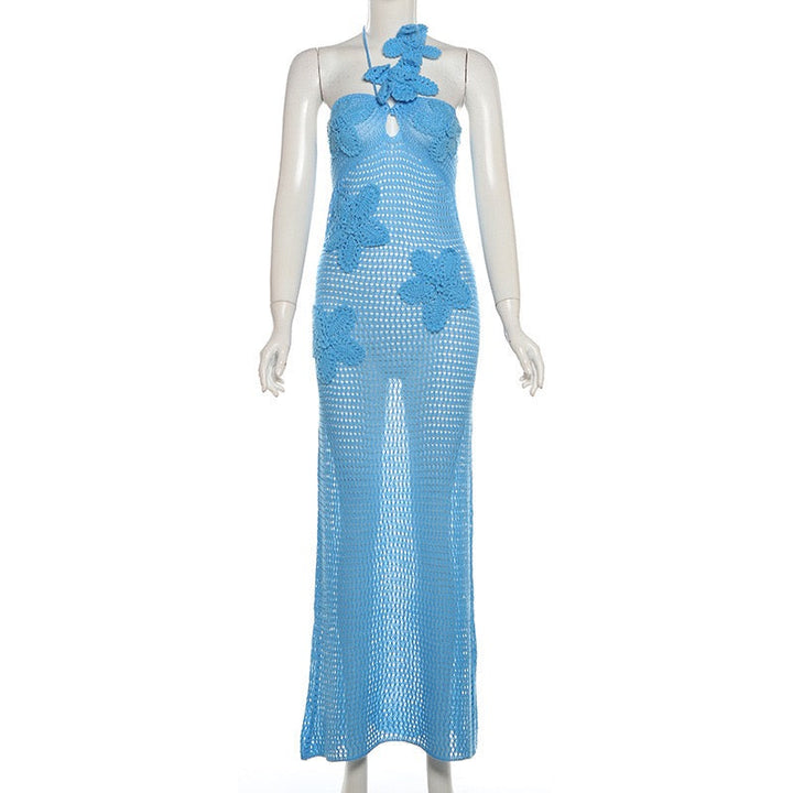 Natalia knitted beach maxi dress with a floral design and open back