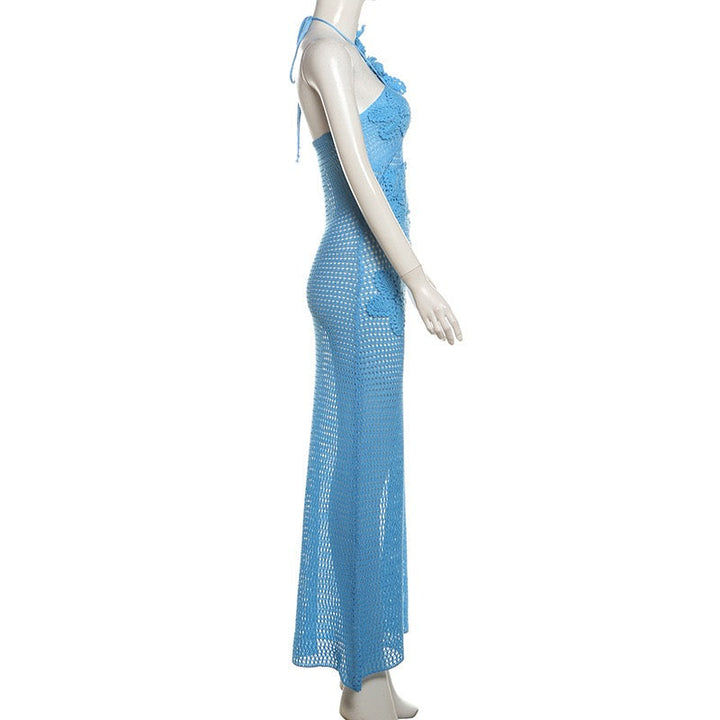 Natalia knitted beach maxi dress with a floral design and open back